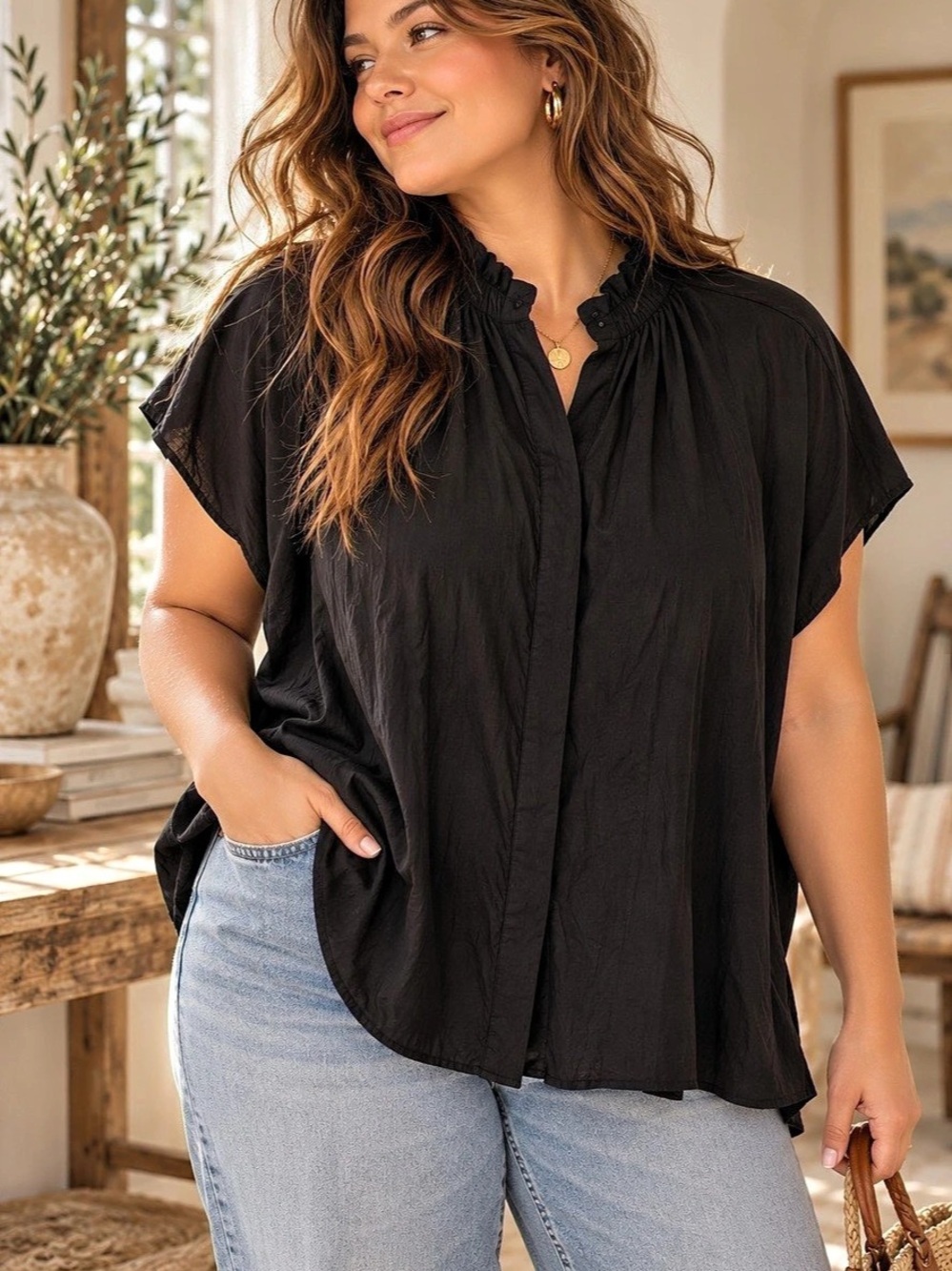 Belle Isle by Torrid Plus Size Black Ruffle Neck Hidden Button Blouse